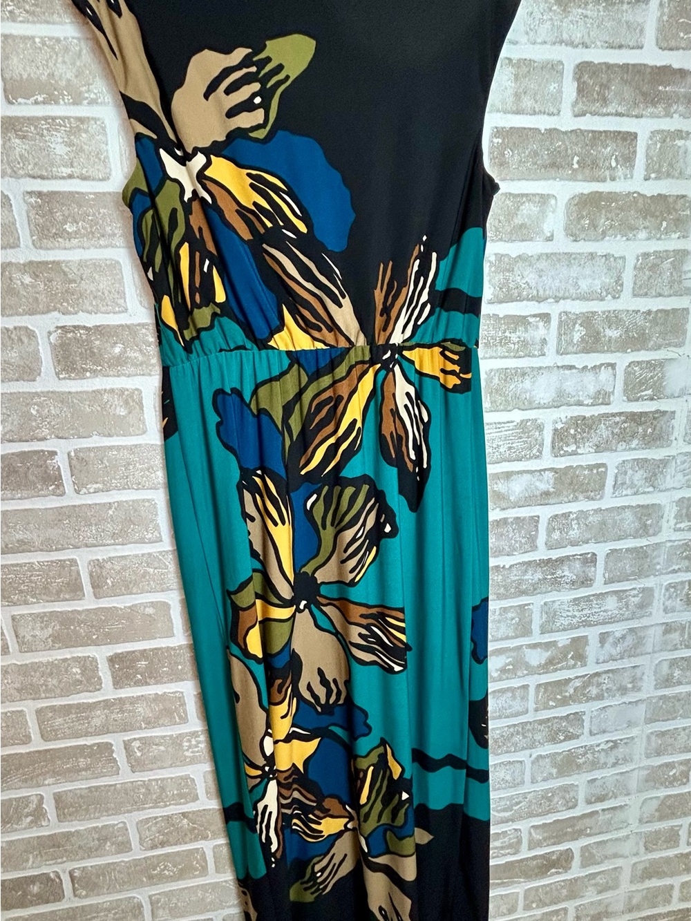 Danny & Nicole Teal Floral Maxi Dress with Yellow, Blue & Brown Accents - Picture 4 of 7
